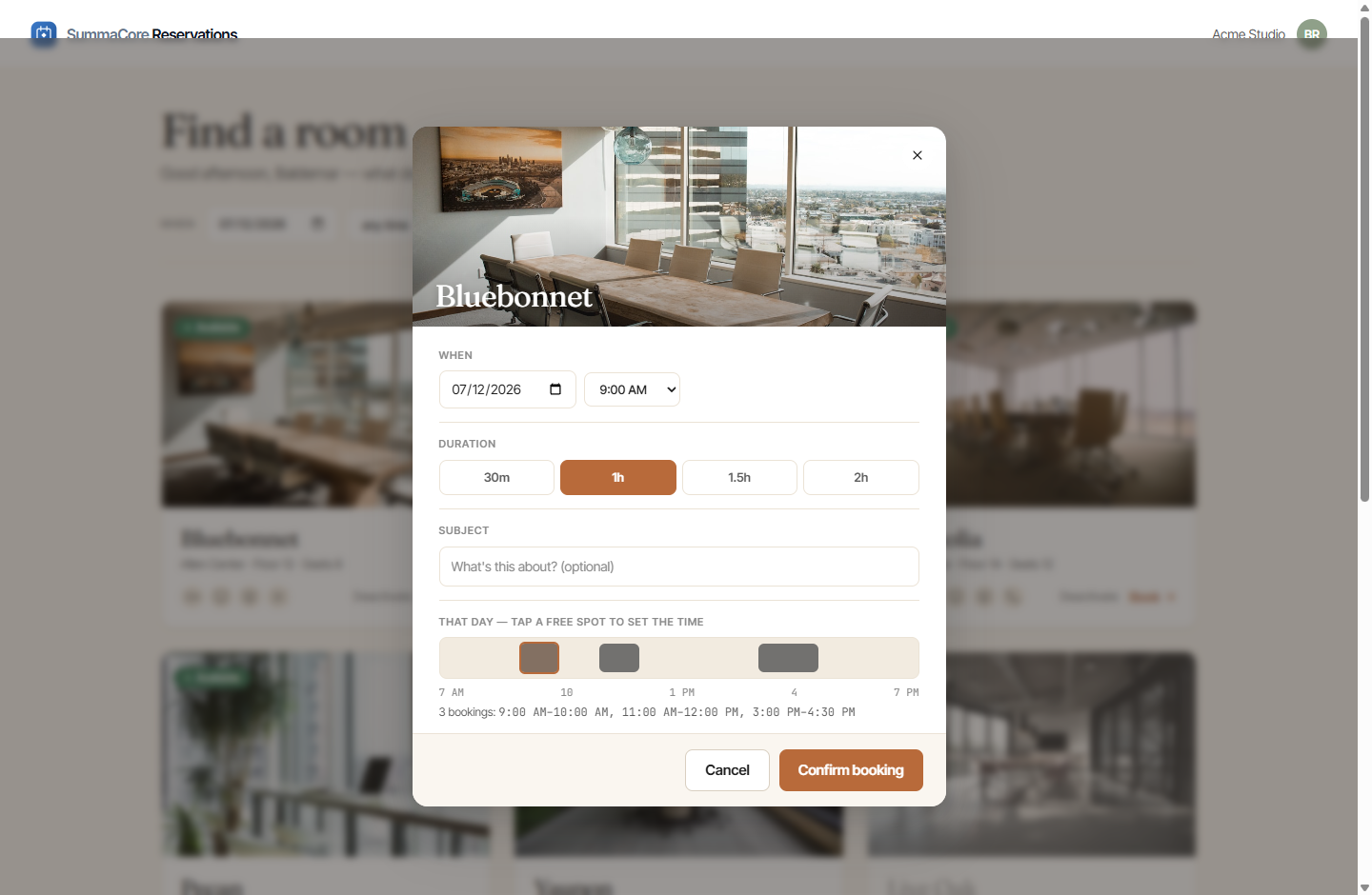 The SummaCore Reservations booking modal — room photo, duration picker, and a tap-to-set day timeline