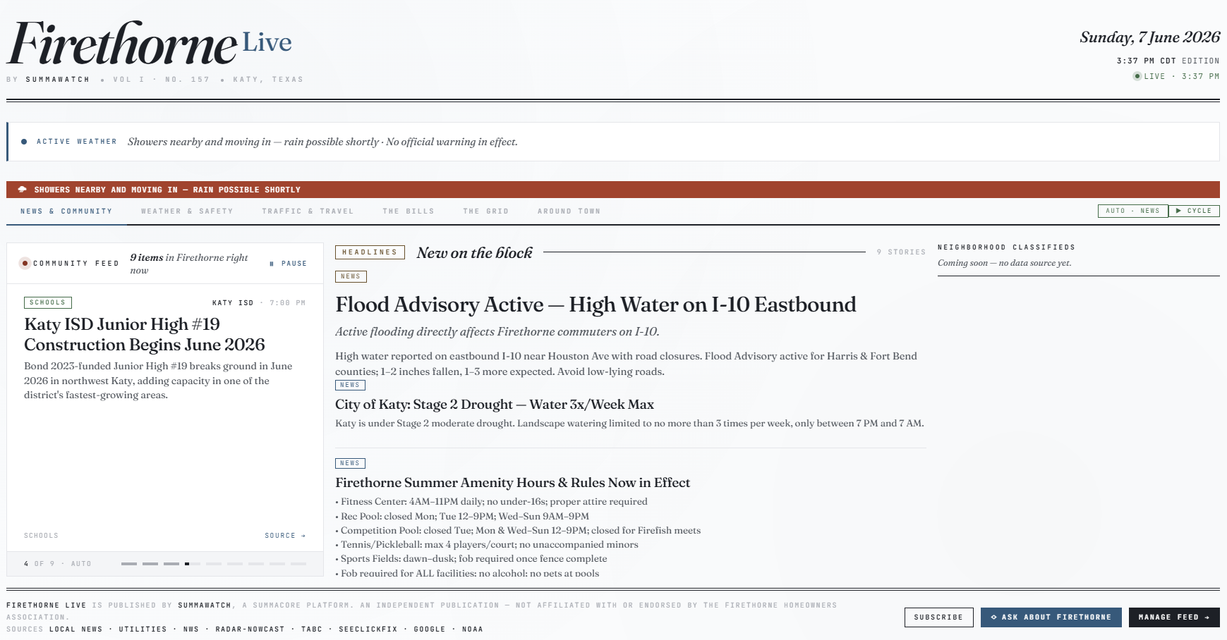 SummaWatch — a community's live front page: news, bulletins, weather, and alerts